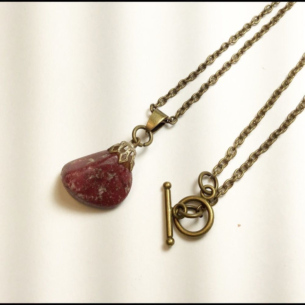 Boho Red Agate and Antique Gold Necklace, 18” NEW